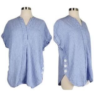 Nicole Miller Women's Blue & White Linen/Cotton Striped V-Neck Cuffed Short Slee
